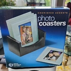 NWT Photo Coasters VINTAGE RETRO Glass  Holder Black White Frames Family decor
